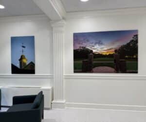 gc-commercial-william-and-mary-blow-hall-interior-corridor-renovation-williamsburg-va (1) Renovated interior hallway with framed campus photography at William & Mary Blow Hall by GC Commercial